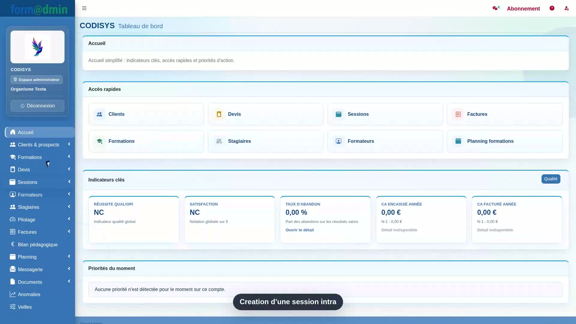 Création d'une session intra dans Formadmin avec client entreprise et formateur.