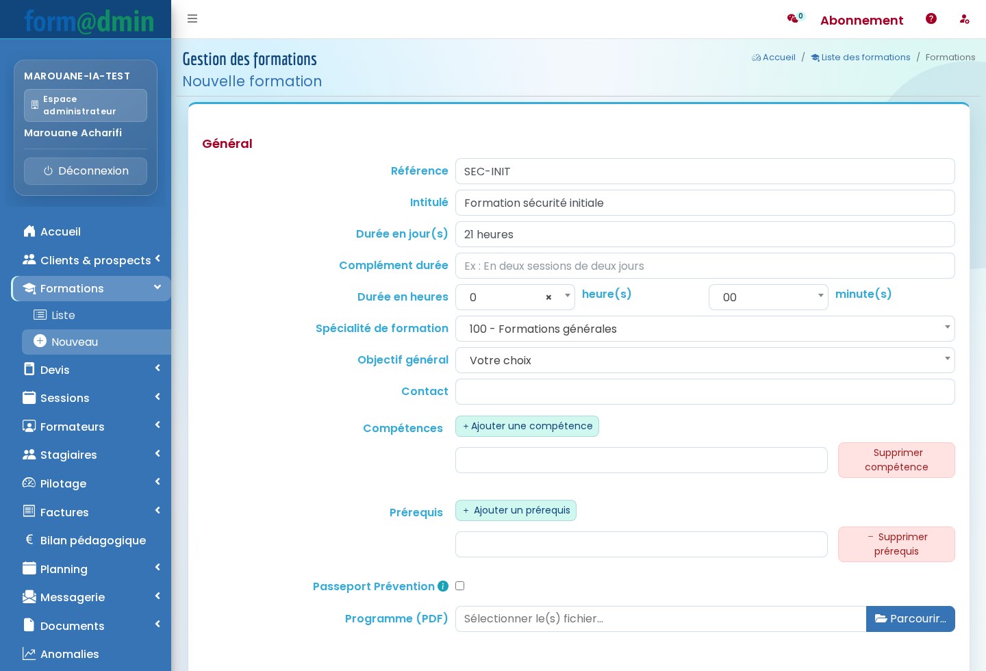 Interface Formadmin de création d'une fiche formation
