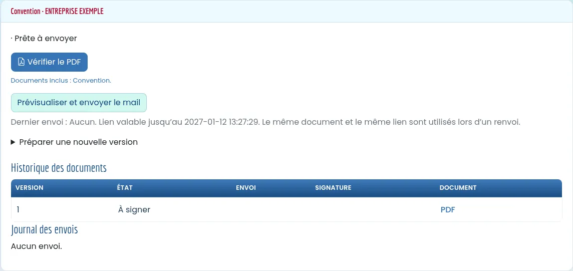 Convention de démonstration prête à être envoyée pour signature dans Formadmin