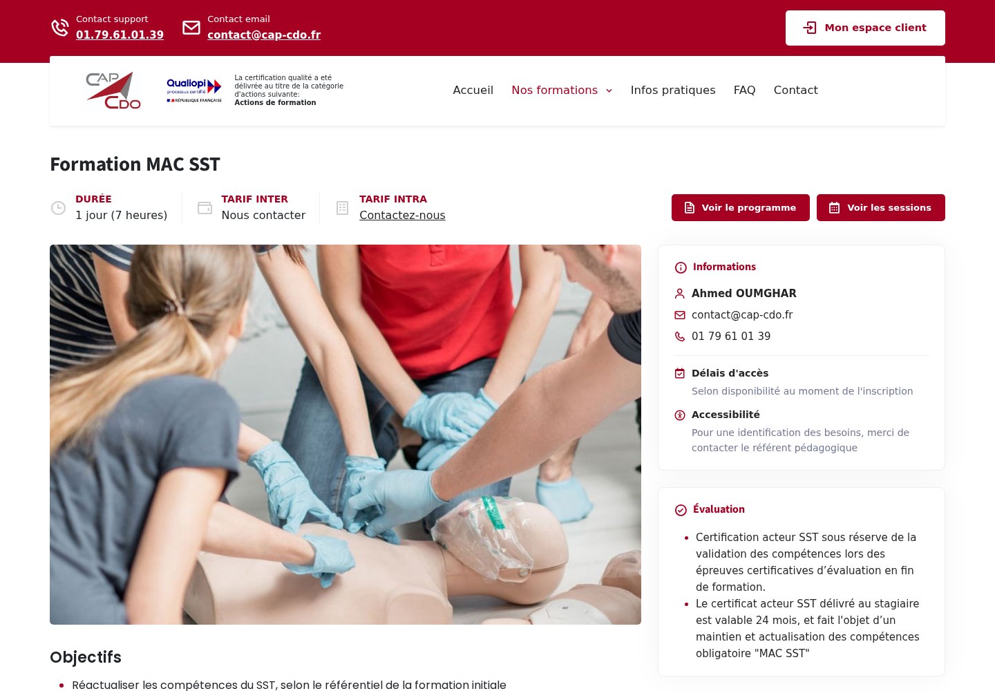 Fiche MAC SST du site CAP CDO avec durée et accès au programme et aux sessions